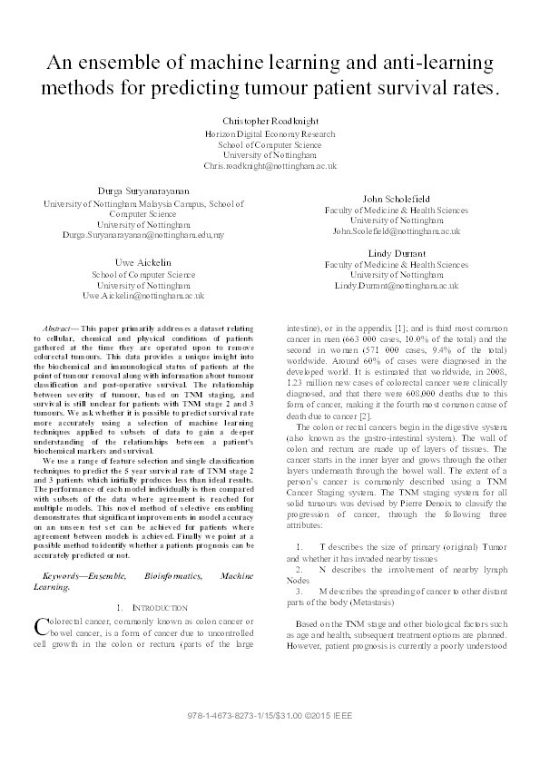 An ensemble of machine learning and anti-learning methods for predicting tumour patient survival rates Thumbnail