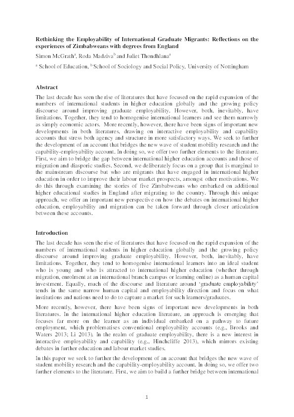 Rethinking the employability of international graduate migrants: reflections on the experiences of Zimbabweans with degrees from England Thumbnail