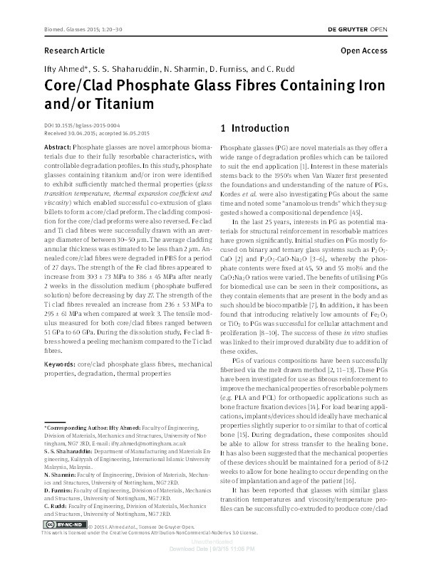 Core/clad phosphate glass fibres containing iron and/or titanium Thumbnail