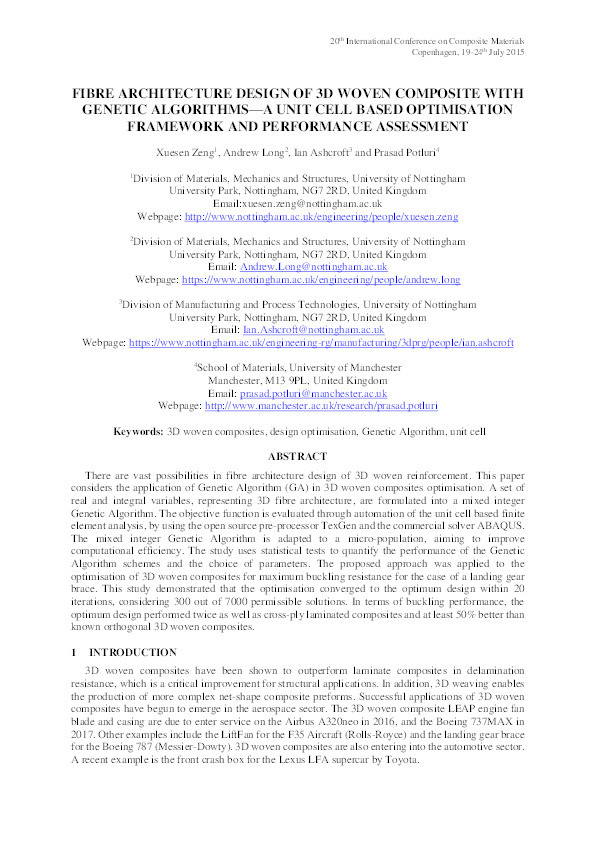 Fibre architecture design of 3D woven composite with genetic algorithms: a unit cell based optimisation framework and performance assessment Thumbnail