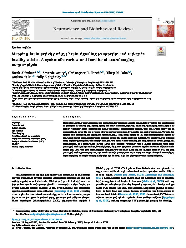 Mapping brain activity of gut-brain signaling to appetite and satiety in healthy adults: A systematic review and functional neuroimaging meta-analysis Thumbnail