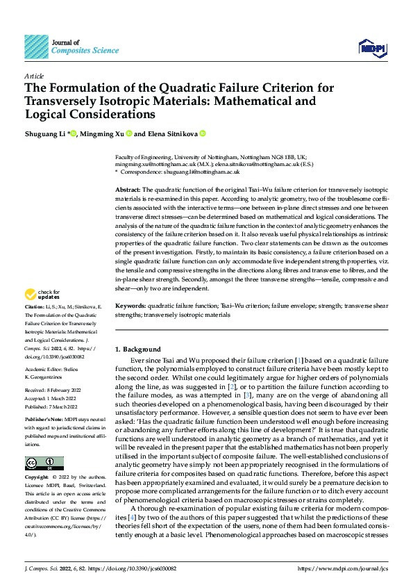 The Formulation of the Quadratic Failure Criterion for Transversely Isotropic Materials: Mathematical and Logical Considerations Thumbnail