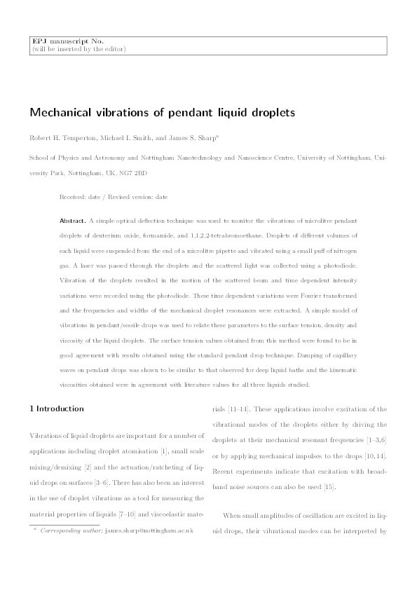 Mechanical vibrations of pendant liquid droplets Thumbnail