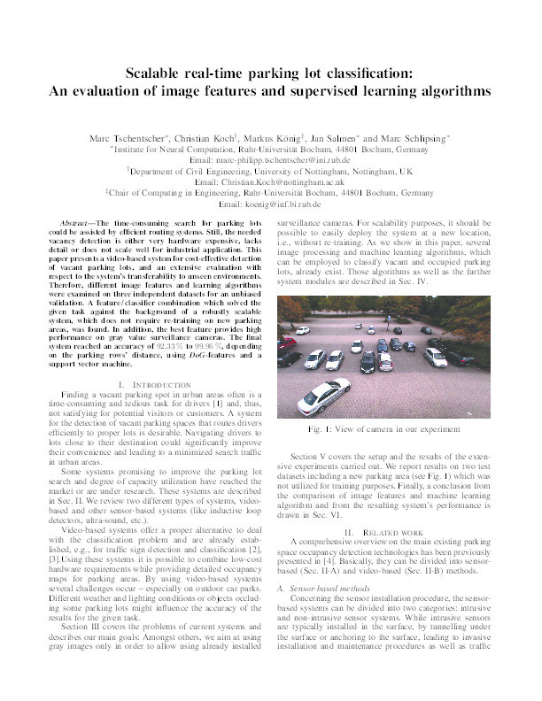 Scalable real-time parking lot classification: an evaluation of image features and supervised learning algorithms Thumbnail