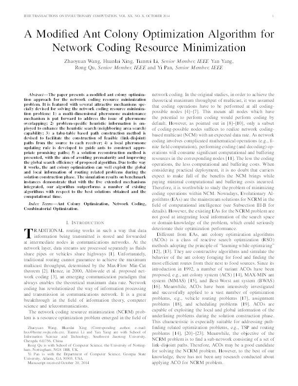 A Modified Ant Colony Optimization Algorithm for Network Coding Resource Minimization Thumbnail