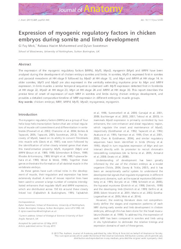 Expression of myogenic regulatory factors in chicken embryos during somite and limb development Thumbnail