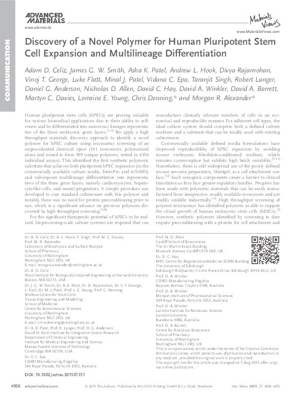 Discovery of a Novel Polymer for Human Pluripotent Stem Cell Expansion and Multilineage Differentiation Thumbnail