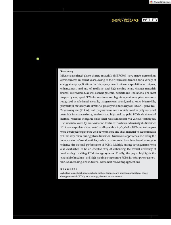 The microencapsulation, thermal enhancement, and applications of medium and high-melting temperature phase change materials: A review Thumbnail