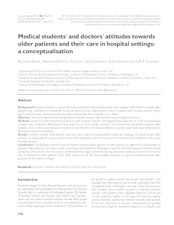 Medical students' and doctors' attitudes towards older patients and their care in hospital settings: a conceptualisation Thumbnail