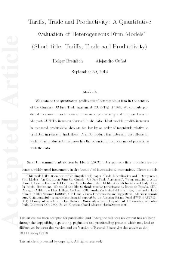 Tariffs, Trade and Productivity: A Quantitative Evaluation of Heterogeneous Firm Models Thumbnail