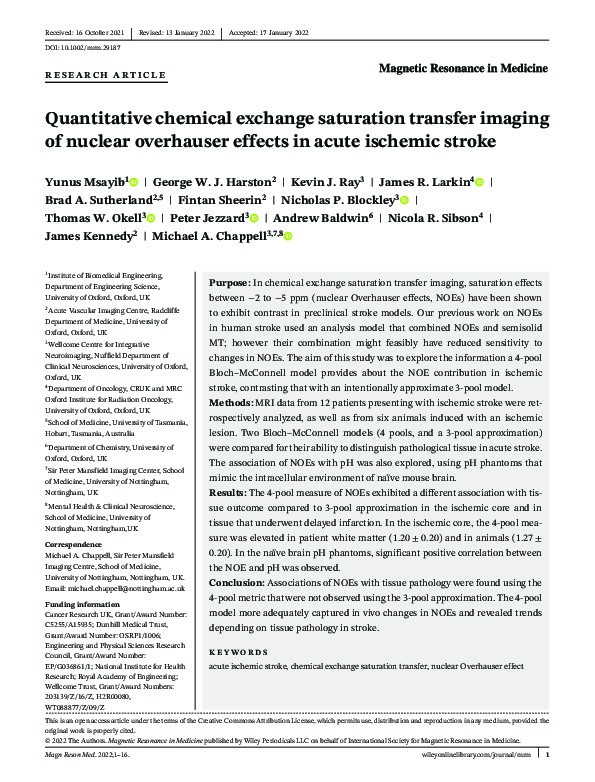 Quantitative chemical exchange saturation transfer imaging of nuclear overhauser effects in acute ischemic stroke Thumbnail