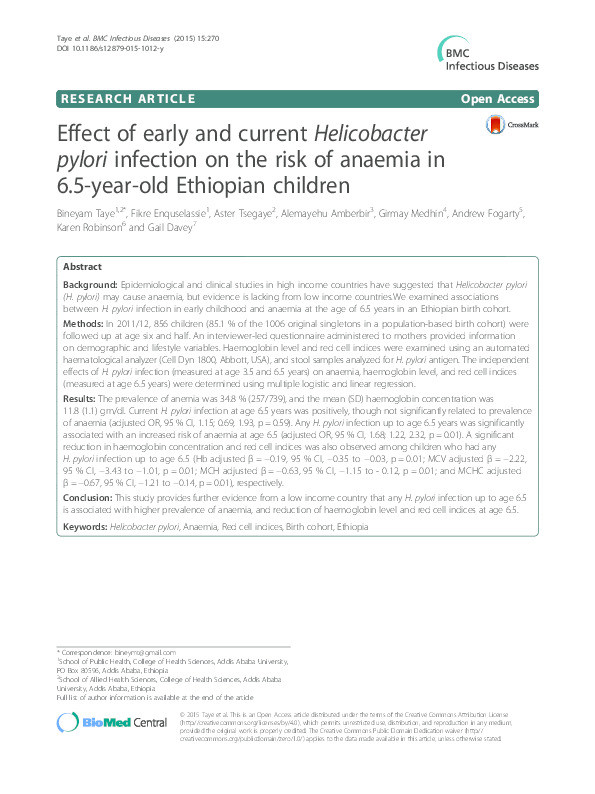 Effect of early and current Helicobacter pylori infection on the risk of anaemia in 6.5-year-old Ethiopian children Thumbnail