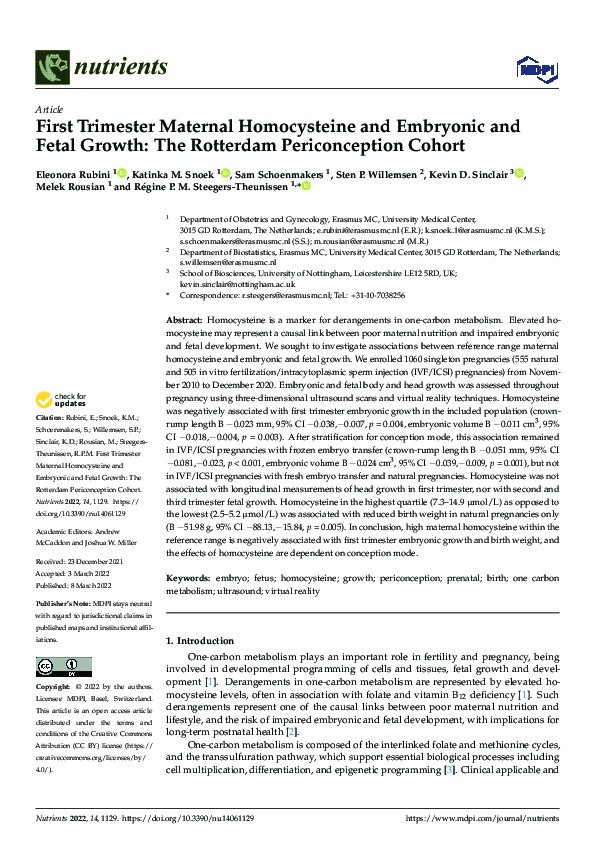 First Trimester Maternal Homocysteine and Embryonic and Fetal Growth: The Rotterdam Periconception Cohort Thumbnail