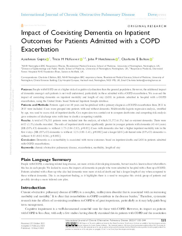 Impact of Coexisting Dementia on Inpatient Outcomes for Patients Admitted with a COPD Exacerbation Thumbnail