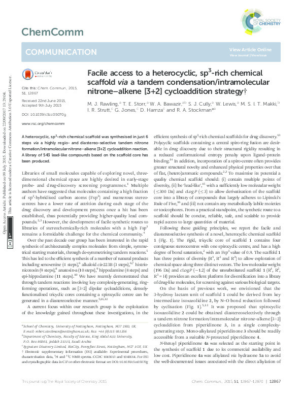 Facile access to a heterocyclic, sp3-rich chemical scaffold via a tandem condensation/intramolecular nitrone–alkene [3+2] cycloaddition strategy Thumbnail