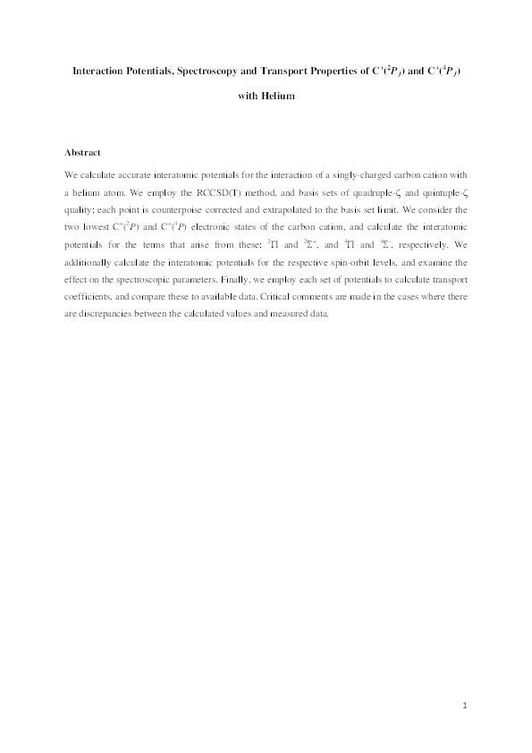 Interaction potentials, spectroscopy and transport properties of C+(2PJ) and C+(4PJ) with helium Thumbnail