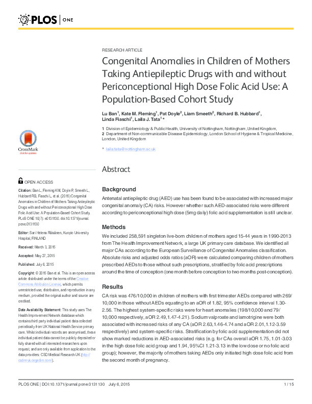 Congenital anomalies in children of mothers taking antiepileptic drugs with and without periconceptional high dose folic acid use: a population-based cohort study Thumbnail