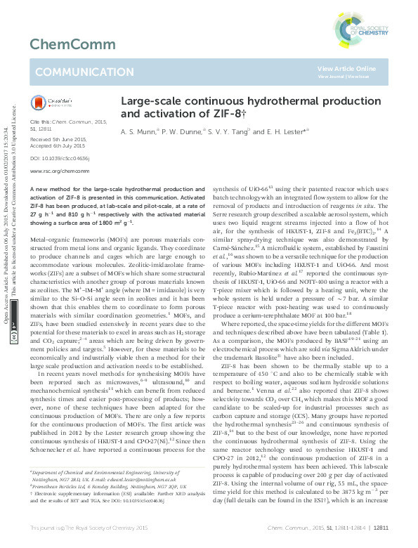 Large-scale continuous hydrothermal production and activation of ZIF-8 Thumbnail