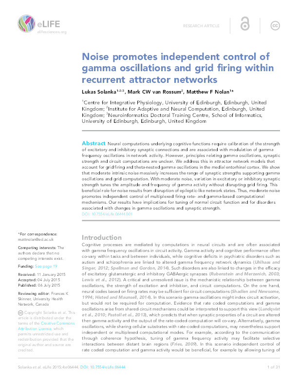 Noise promotes independent control of gamma oscillations and grid firing within recurrent attractor networks Thumbnail