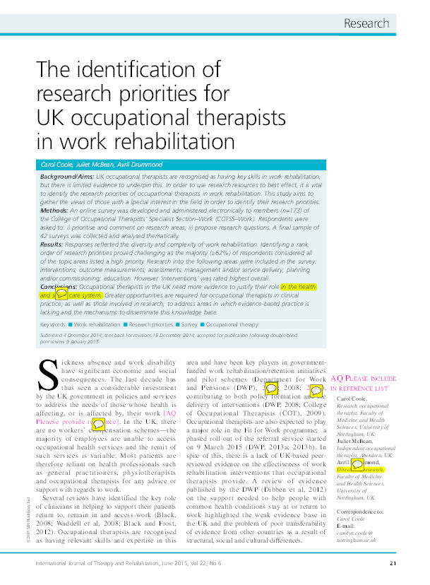The identification of research priorities for UK occupational therapists in work rehabilitation Thumbnail