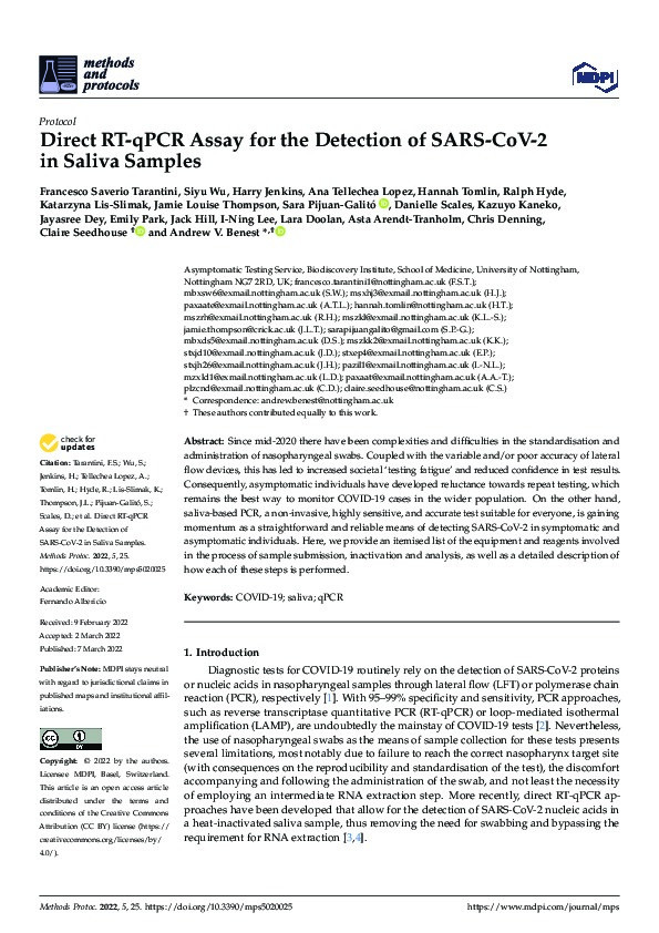Direct RT-qPCR Assay for the Detection of SARS-CoV-2 in Saliva Samples Thumbnail