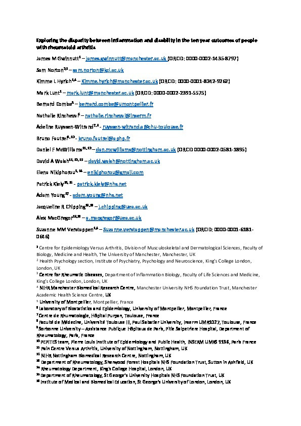 Exploring the disparity between inflammation and disability in the 10-year outcomes of people with rheumatoid arthritis Thumbnail