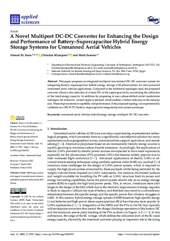 A Novel Multiport DC-DC Converter for Enhancing the Design and Performance of Battery–Supercapacitor Hybrid Energy Storage Systems for Unmanned Aerial Vehicles Thumbnail