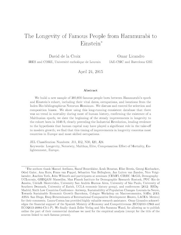 The longevity of famous people from Hammurabi to Einstein Thumbnail