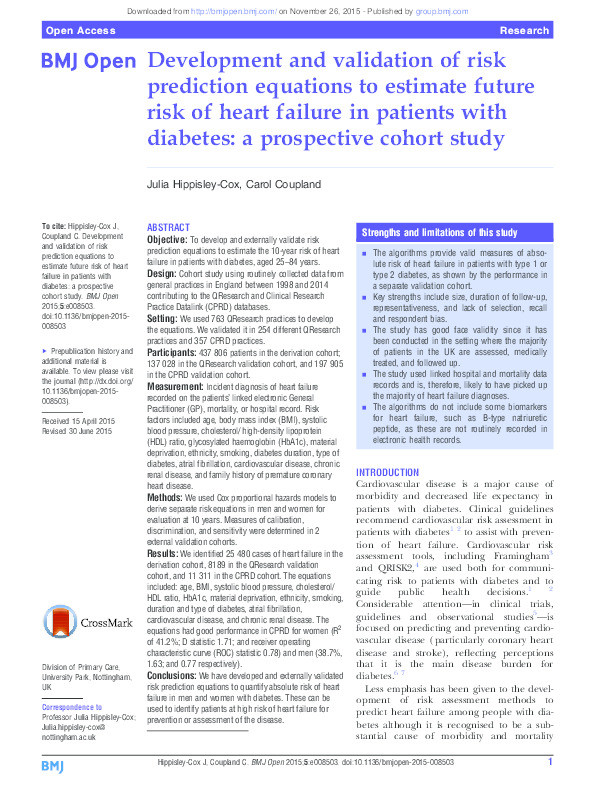 Development and validation of risk prediction equations to estimate future risk of heart failure in patients with diabetes: a prospective cohort study Thumbnail