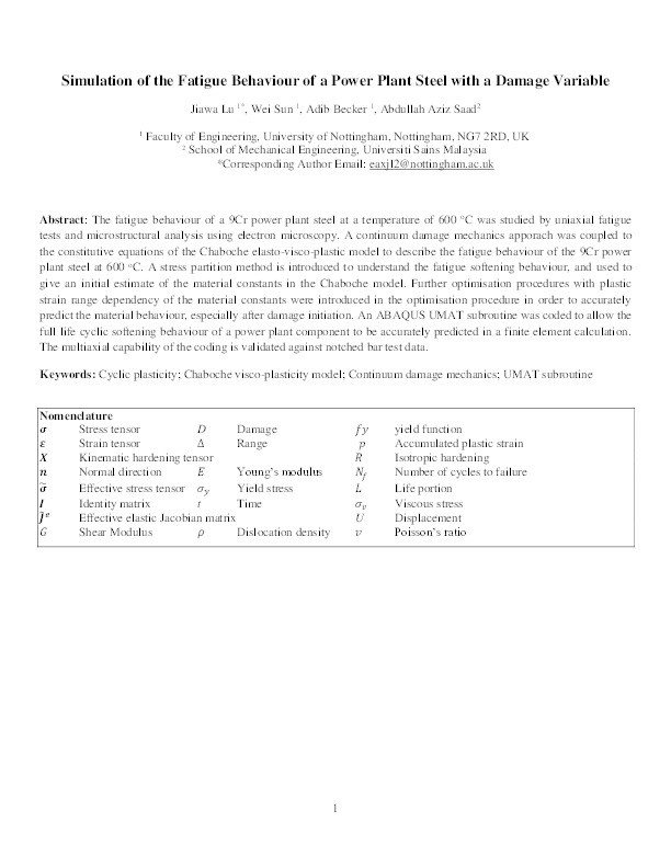 Simulation of the fatigue behaviour of a power plant steel with a damage variable Thumbnail