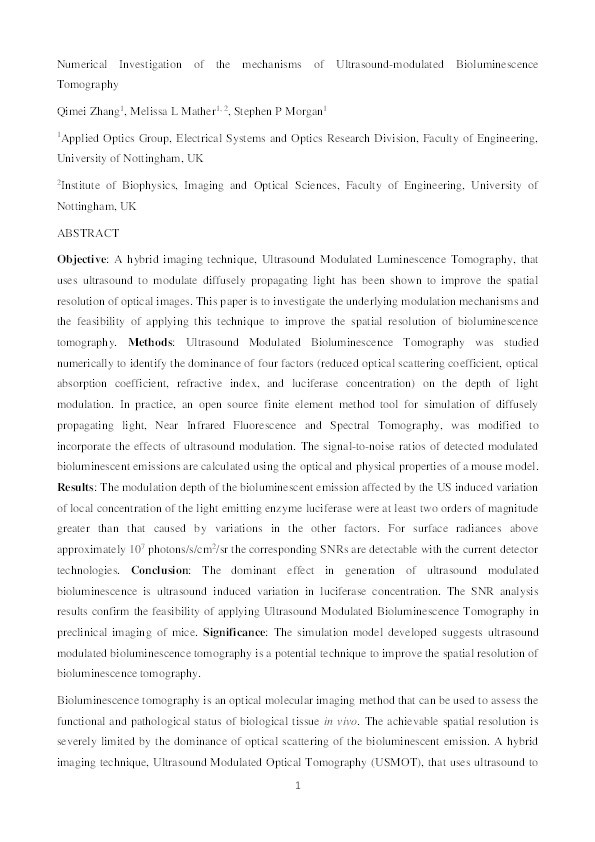 Numerical investigation of the mechanisms of ultrasound-modulated bioluminescence tomography Thumbnail