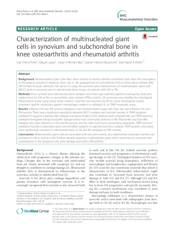 Characterization of multinucleated giant cells in synovium and subchondral bone in knee osteoarthritis and rheumatoid arthritis Thumbnail