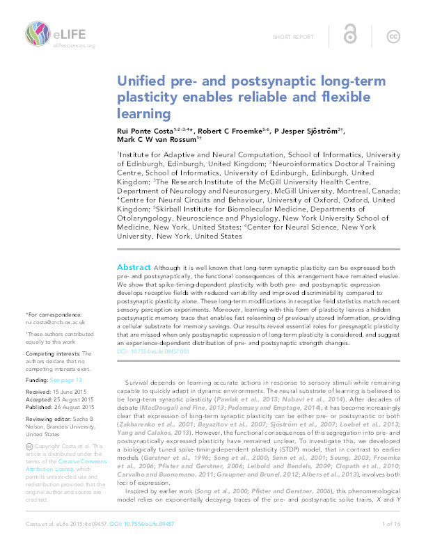 Unified pre- and postsynaptic long-term plasticity enables reliable and flexible learning Thumbnail