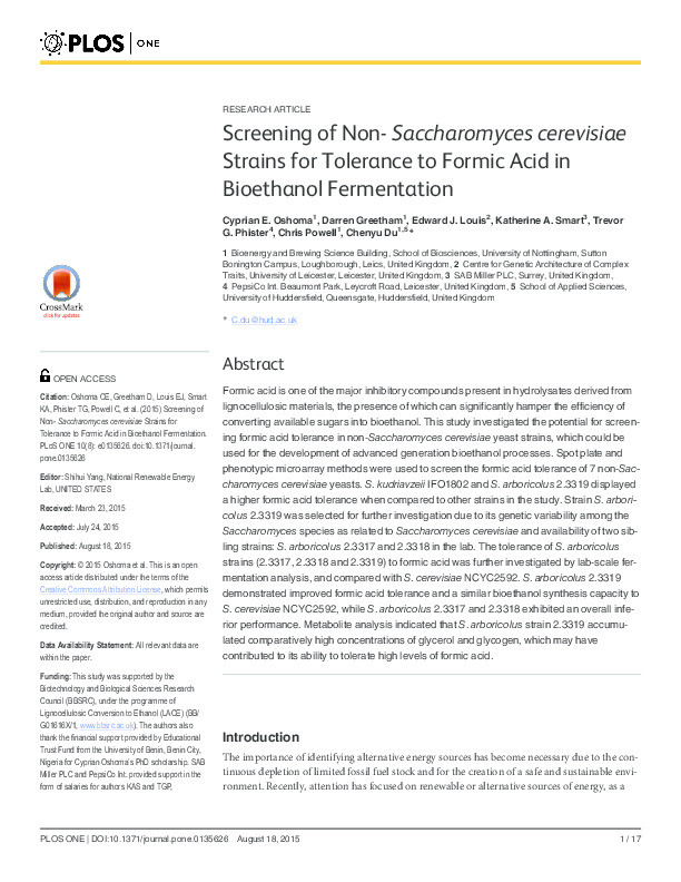 Screening of non- Saccharomyces cerevisiae strains for tolerance to formic acid in bioethanol fermentation Thumbnail