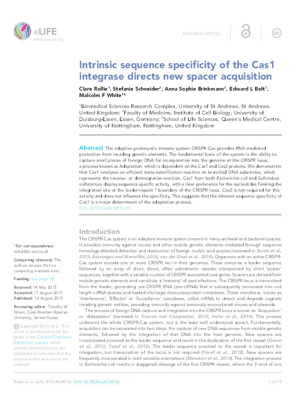 Intrinsic sequence specificity of the Cas1 integrase directs new spacer acquisition Thumbnail