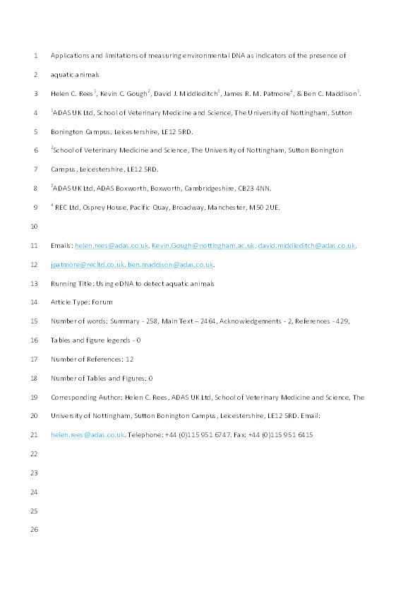 Applications and limitations of measuring environmental DNA as indicators of the presence of aquatic animals Thumbnail