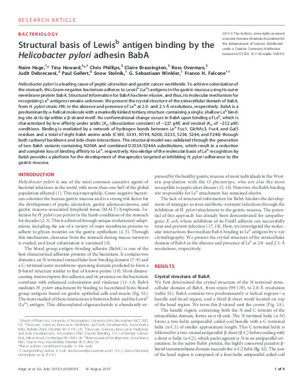 Structural basis of Lewis(b) antigen binding by the Helicobacter pylori adhesin BabA Thumbnail