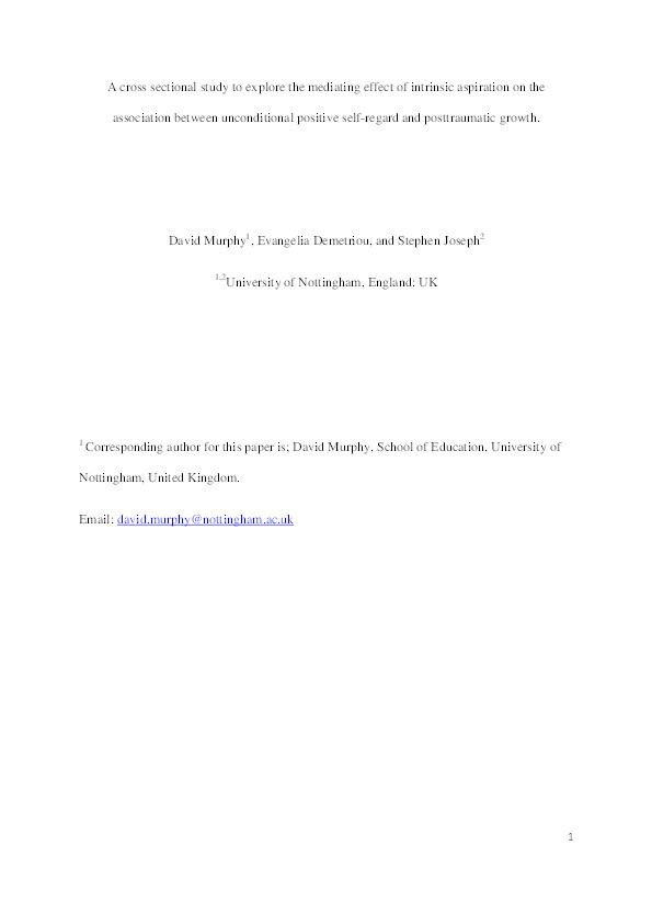 A cross-sectional study to explore the mediating effect of intrinsic aspiration on the association between unconditional positive self-regard and posttraumatic growth Thumbnail