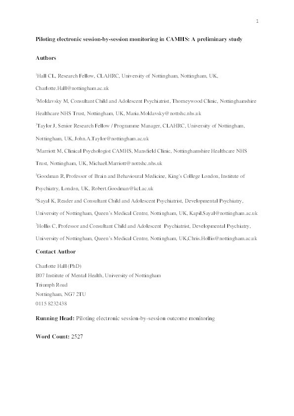 Innovations in practice: piloting electronic session-by-session monitoring in child and adolescent mental health : a preliminary study Thumbnail