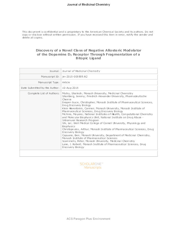 Discovery of a Novel Class of Negative Allosteric Modulator of the Dopamine D2 Receptor Through Fragmentation of a Bitopic Ligand Thumbnail