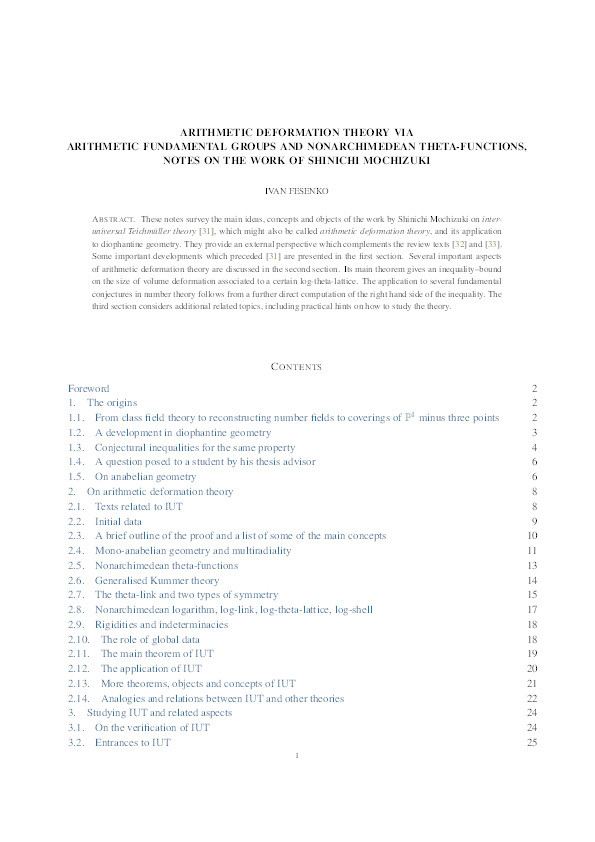 Arithmetic deformation theory via arithmetic fundamental groups and nonarchimedean theta functions, notes on the work of Shinichi Mochizuki Thumbnail