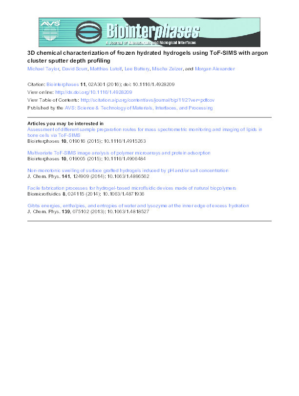 3D chemical characterization of frozen hydrated hydrogels using ToF-SIMS with argon cluster sputter depth profiling Thumbnail