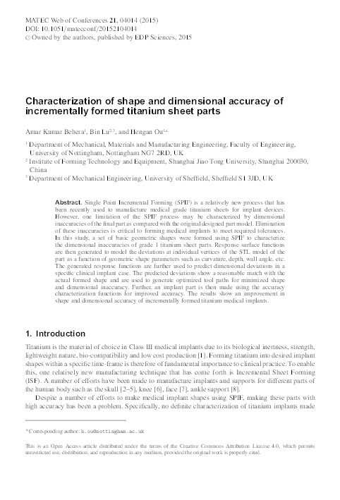 Characterization of shape and dimensional accuracy of incrementally formed titanium sheet parts Thumbnail