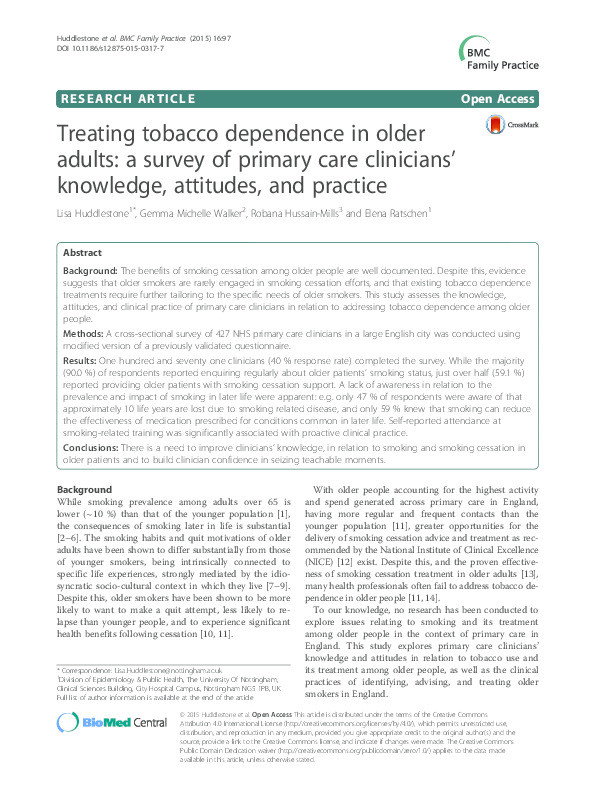 Treating tobacco dependence in older adults: a survey of primary care clinicians’ knowledge, attitudes, and practice Thumbnail
