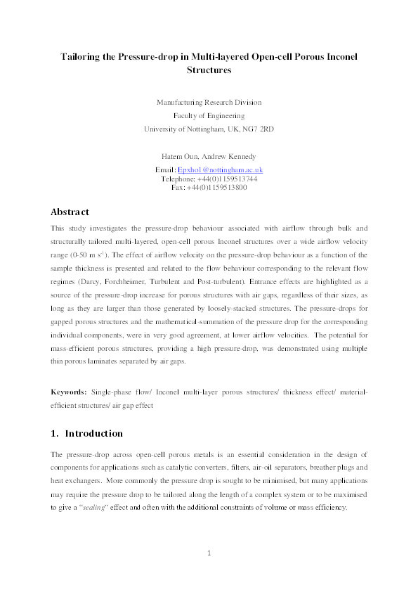 Tailoring the pressure-drop in multi-layered open-cell porous inconel structures Thumbnail