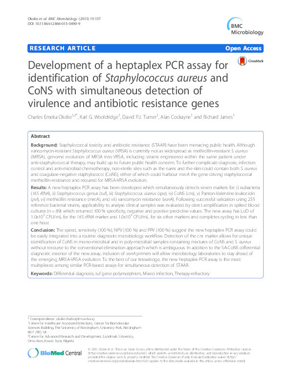 Development of a heptaplex PCR assay for identification of Staphylococcus aureus and CoNS with simultaneous detection of virulence and antibiotic resistance genes Thumbnail