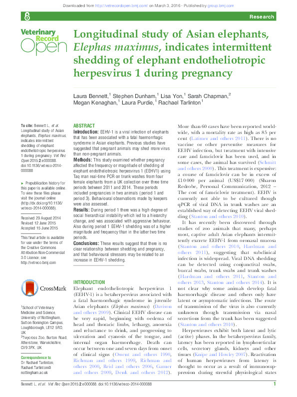 Longitudinal study of Asian elephants, Elephas maximus, indicates intermittent shedding of elephant endotheliotropic herpesvirus 1 during pregnancy Thumbnail