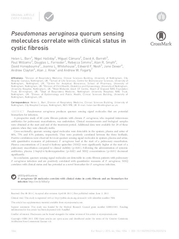 Pseudomonas aeruginosa quorum sensing molecules correlate with clinical status in cystic fibrosis Thumbnail