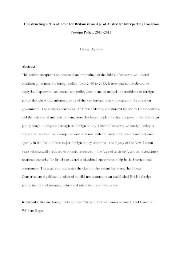 Constructing a 'great' role for Britain in an age of austerity: interpreting coalition foreign policy, 2010-2015 Thumbnail