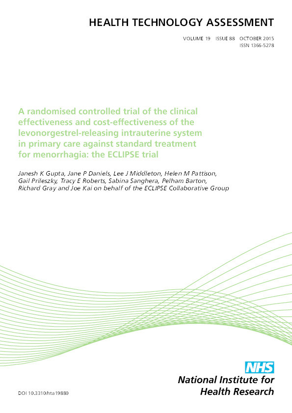 A randomised controlled trial of the clinical effectiveness and cost-effectiveness of the levonorgestrel-releasing intrauterine system in primary care against standard treatment for menorrhagia: The ECLIPSE trial Thumbnail